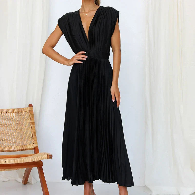 Pleated Midi Dress with Deep V-Neckline