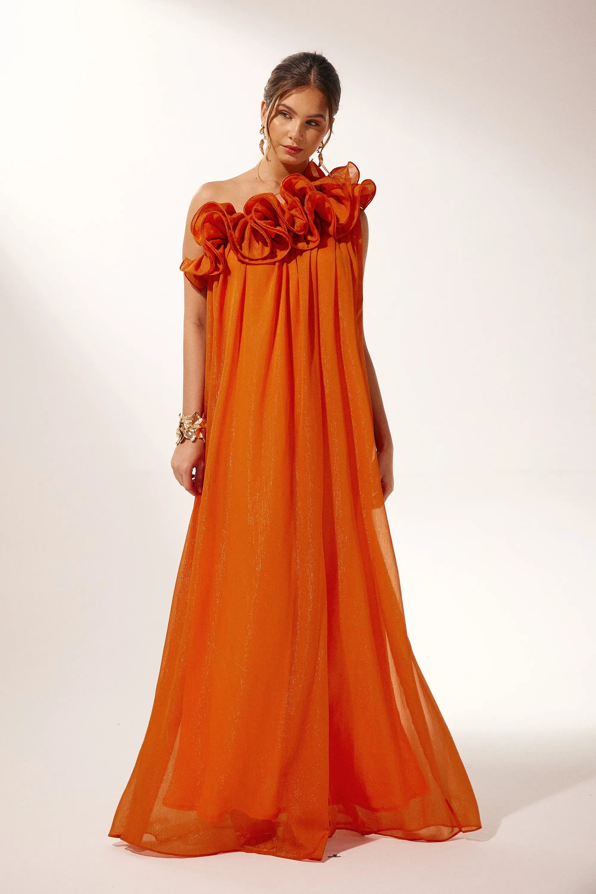 One-Shoulder Maxi Dress with Floral Shoulder Detail