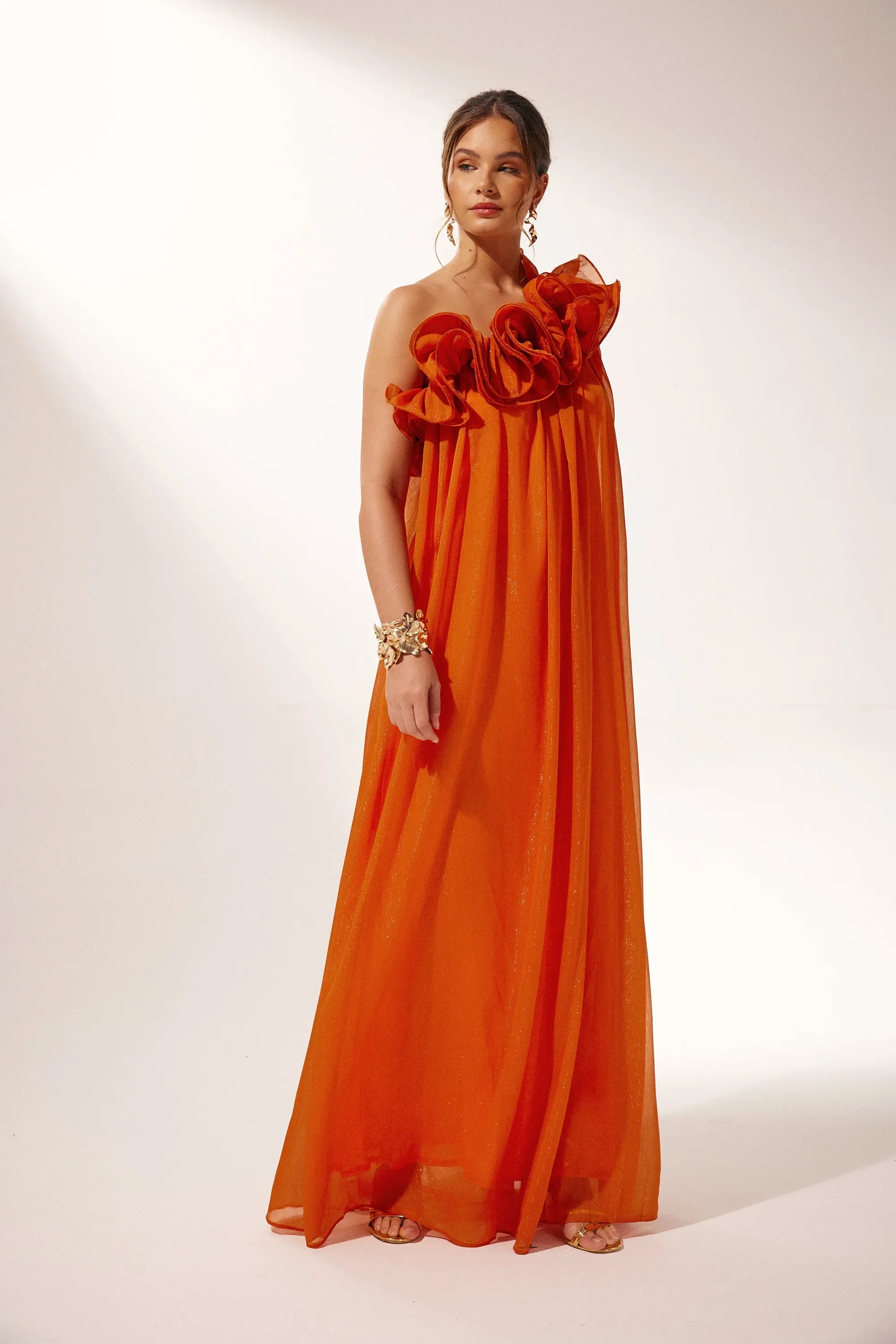 One-Shoulder Maxi Dress with Floral Shoulder Detail