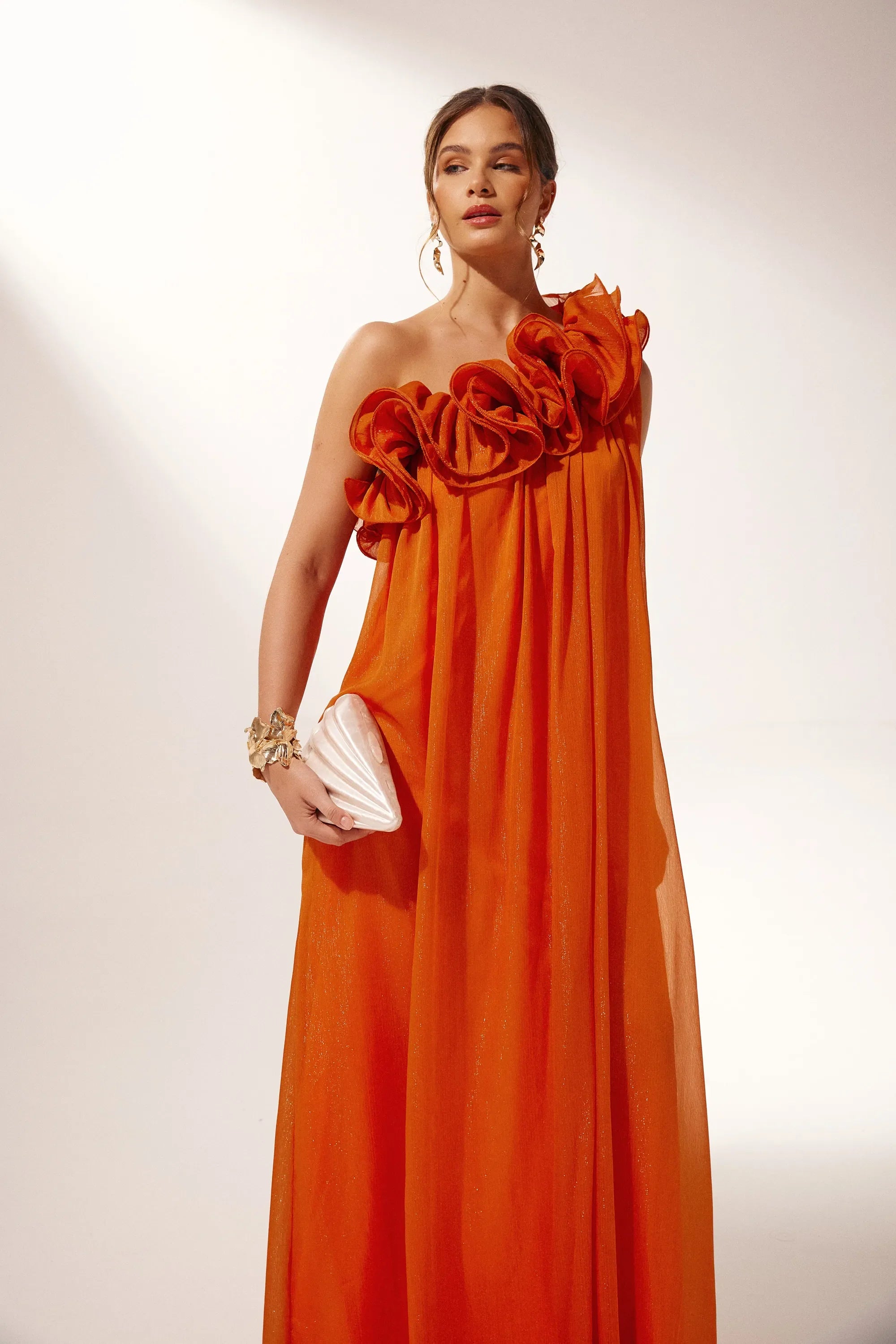 One-Shoulder Maxi Dress with Floral Shoulder Detail