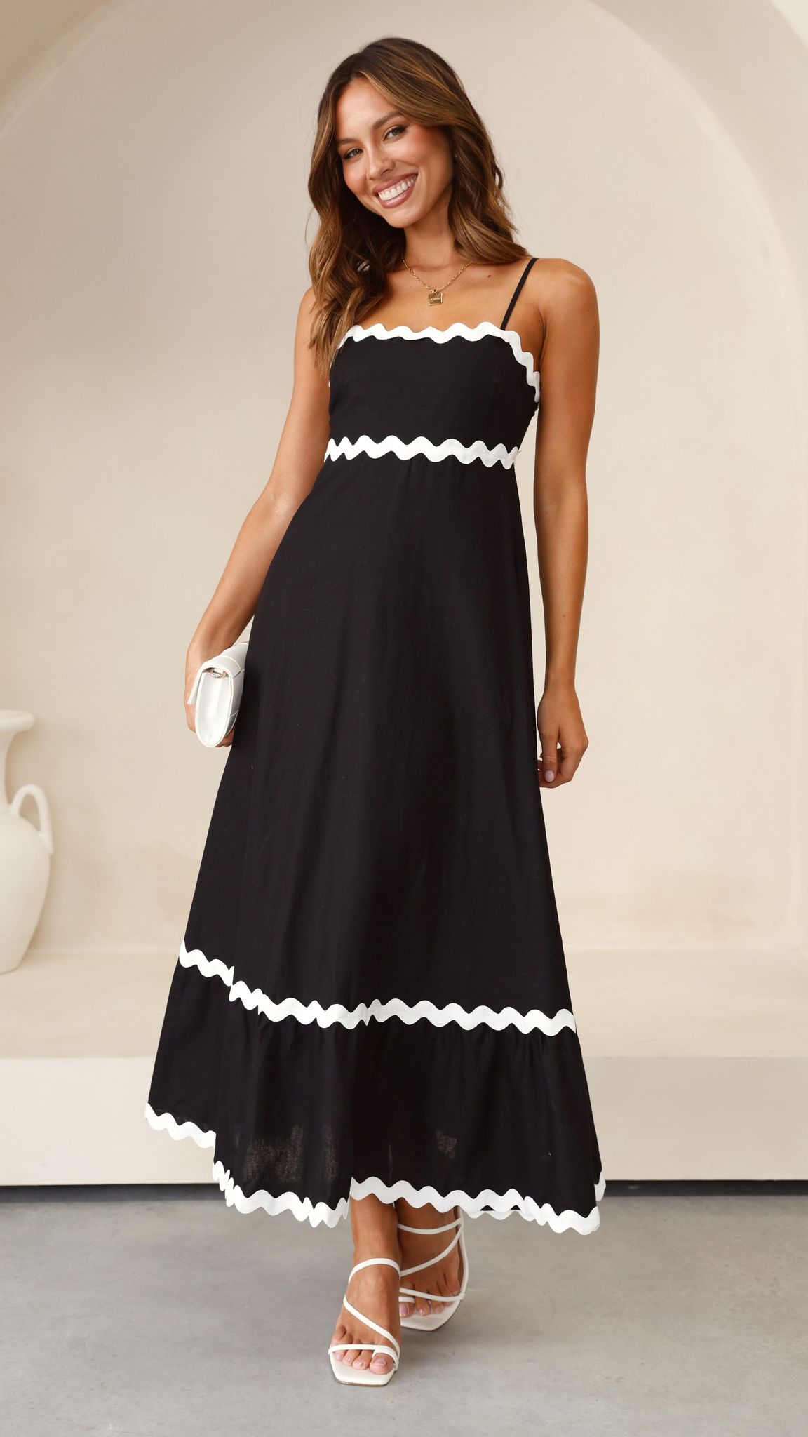 Black and White Midi Dress with Ric Rac Trim