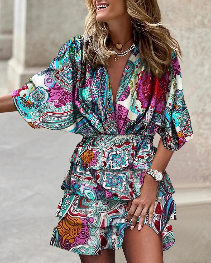Sarah | Women's Boho Printed Ruffle Mini Dress