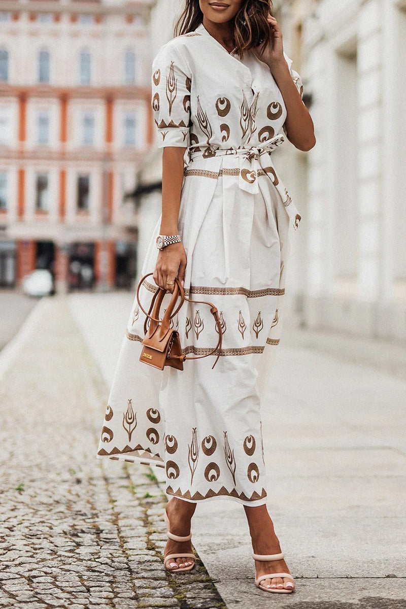 Kaitlyn | Women's Boho Printed Belted Long Sleeve Midi Dress