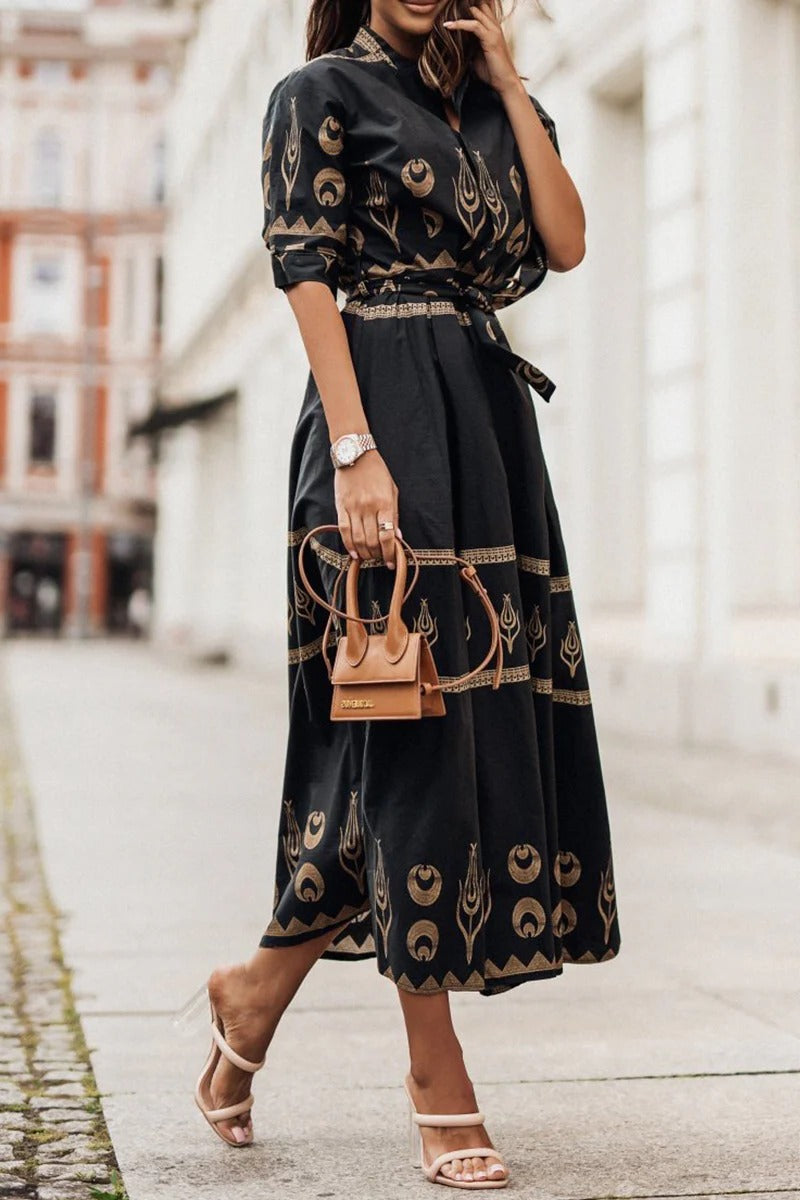 Kaitlyn | Women's Boho Printed Belted Long Sleeve Midi Dress