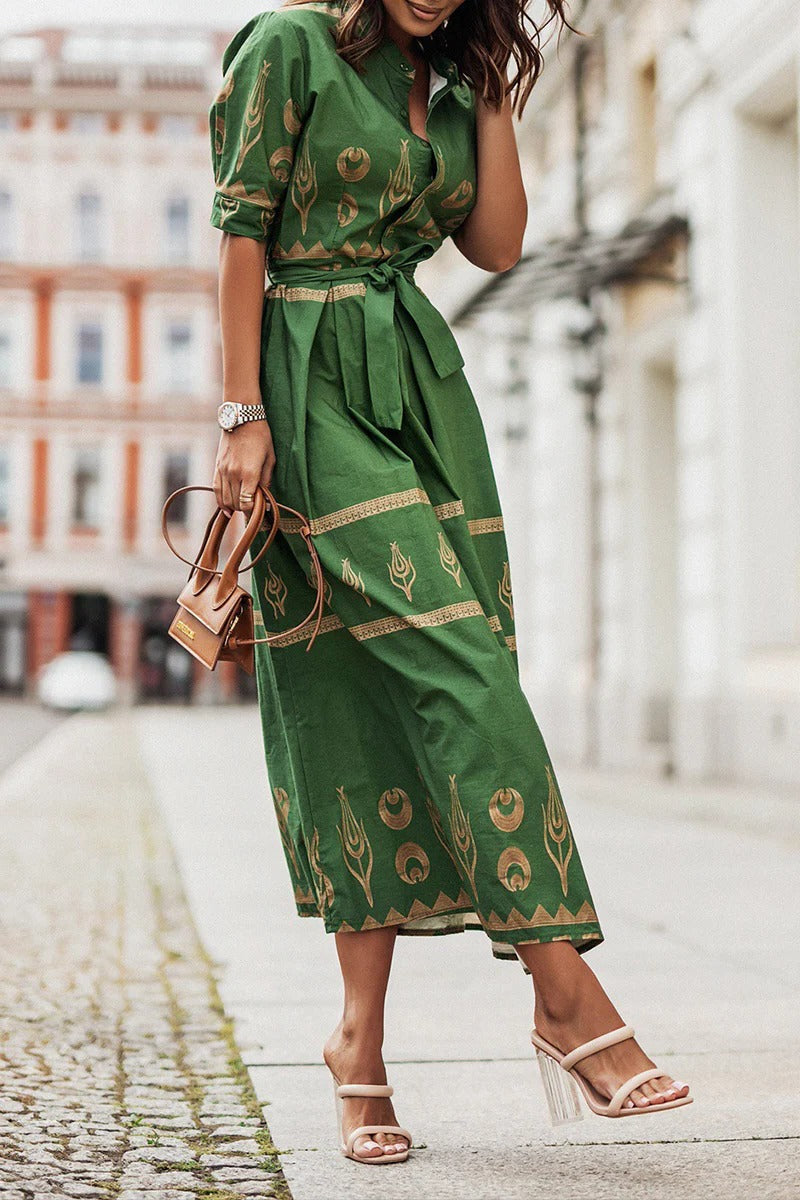 Kaitlyn | Women's Boho Printed Belted Long Sleeve Midi Dress