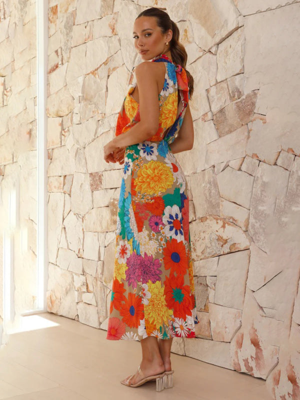 Floral Halter Neck Midi Dress with Fitted Waist