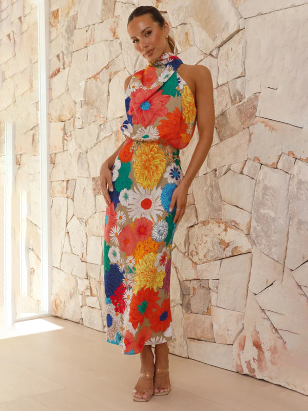 Floral Halter Neck Midi Dress with Fitted Waist