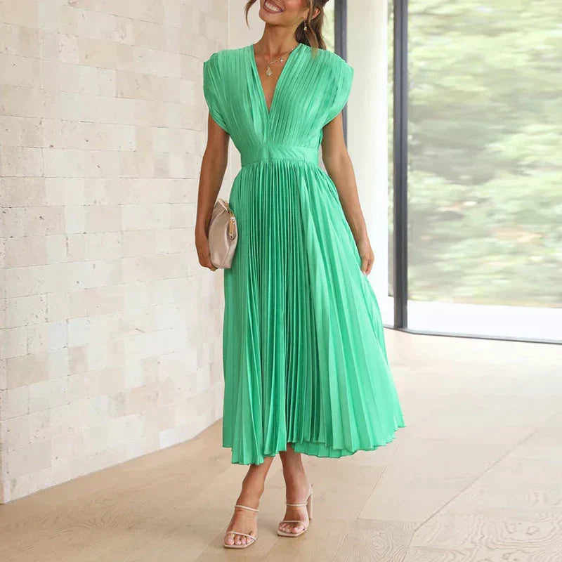 Pleated Midi Dress with Deep V-Neckline