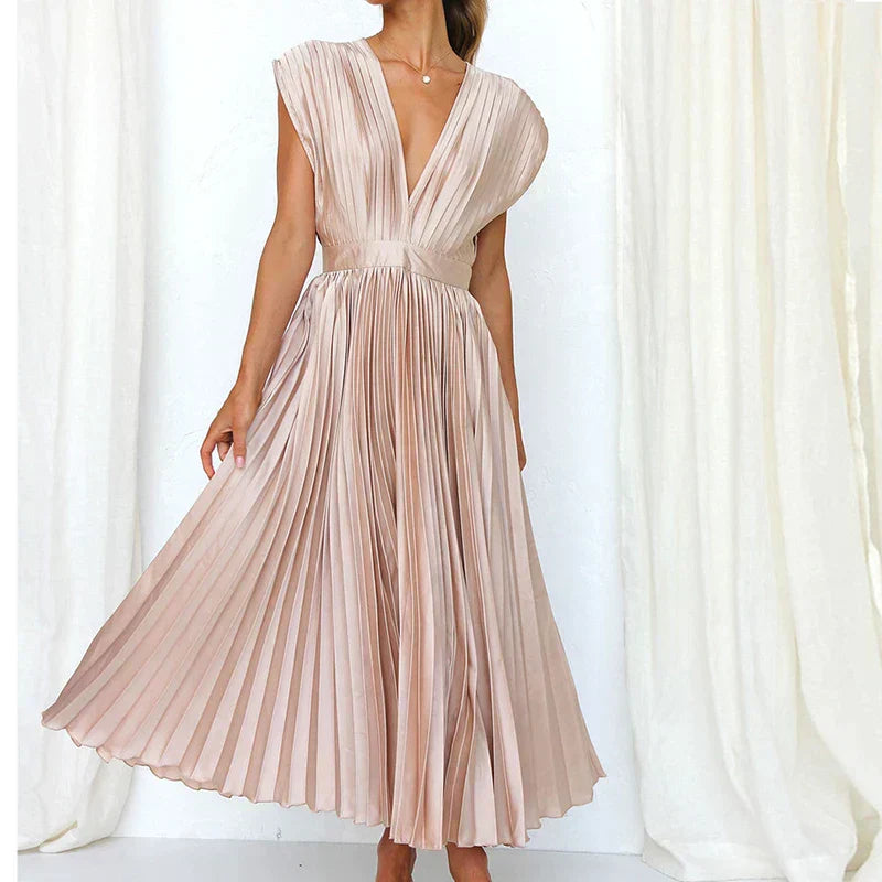 Pleated Midi Dress with Deep V-Neckline