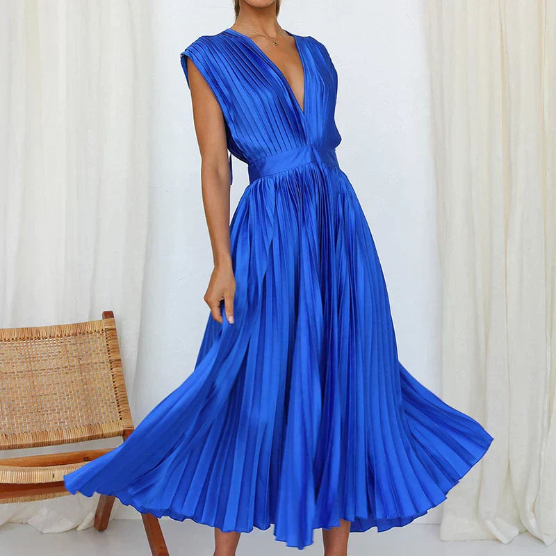 Pleated Midi Dress with Deep V-Neckline
