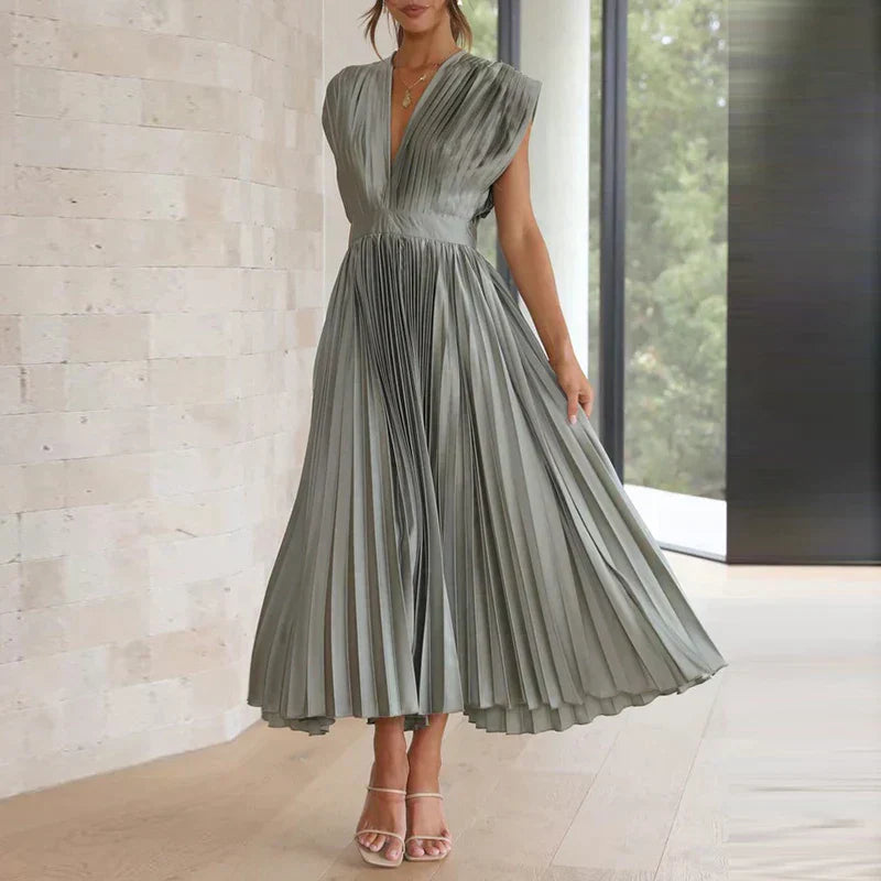 Pleated Midi Dress with Deep V-Neckline