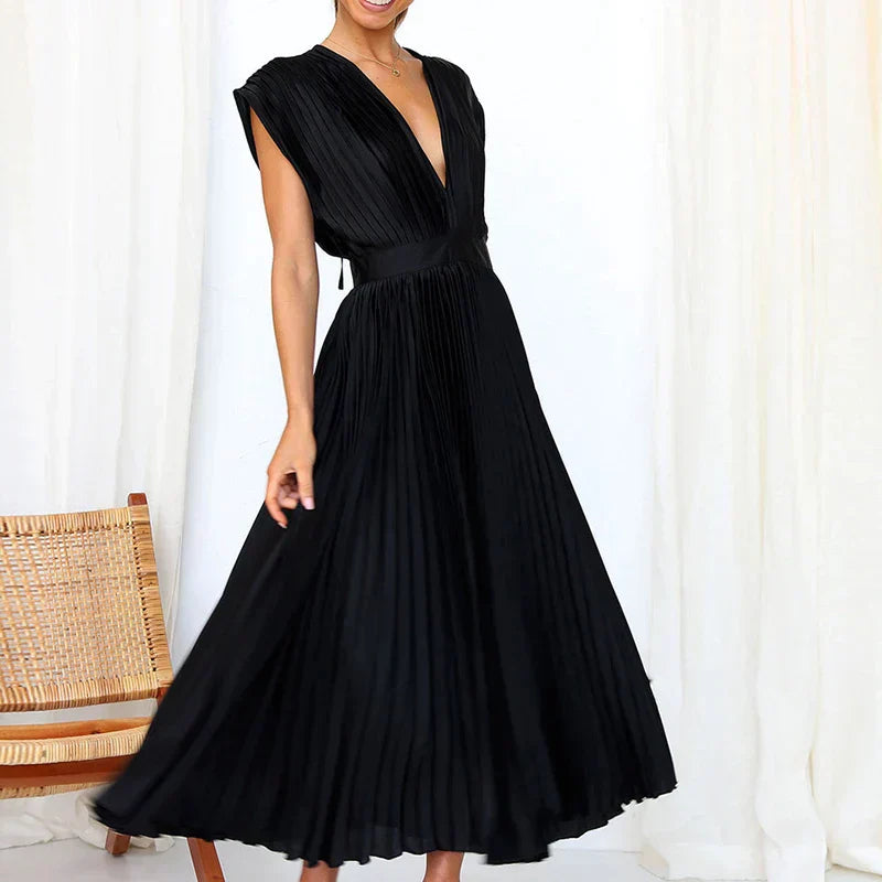Pleated Midi Dress with Deep V-Neckline