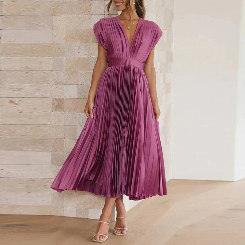 Pleated Midi Dress with Deep V-Neckline