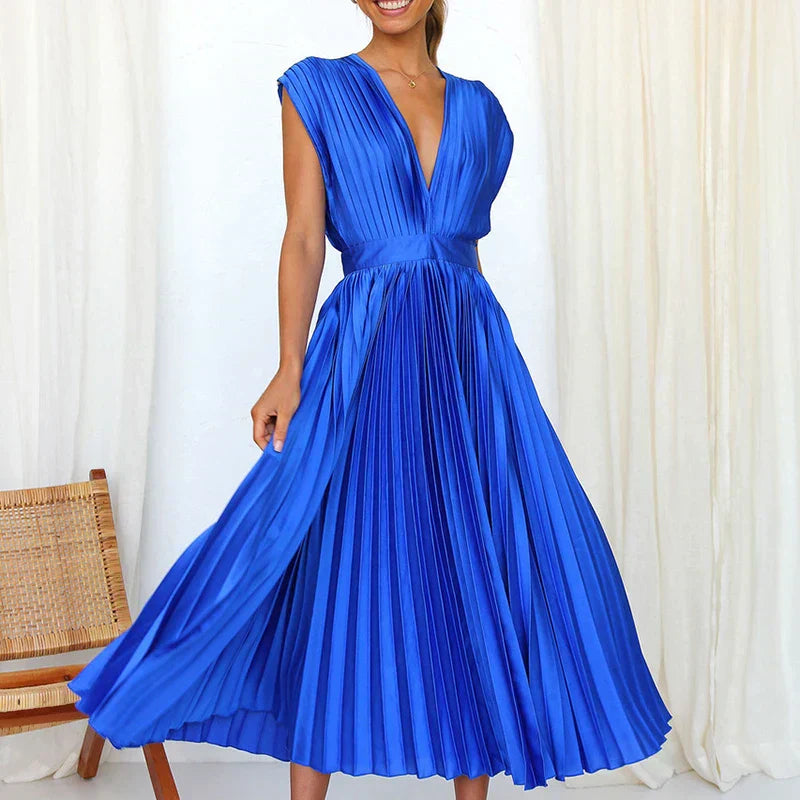 Pleated Midi Dress with Deep V-Neckline
