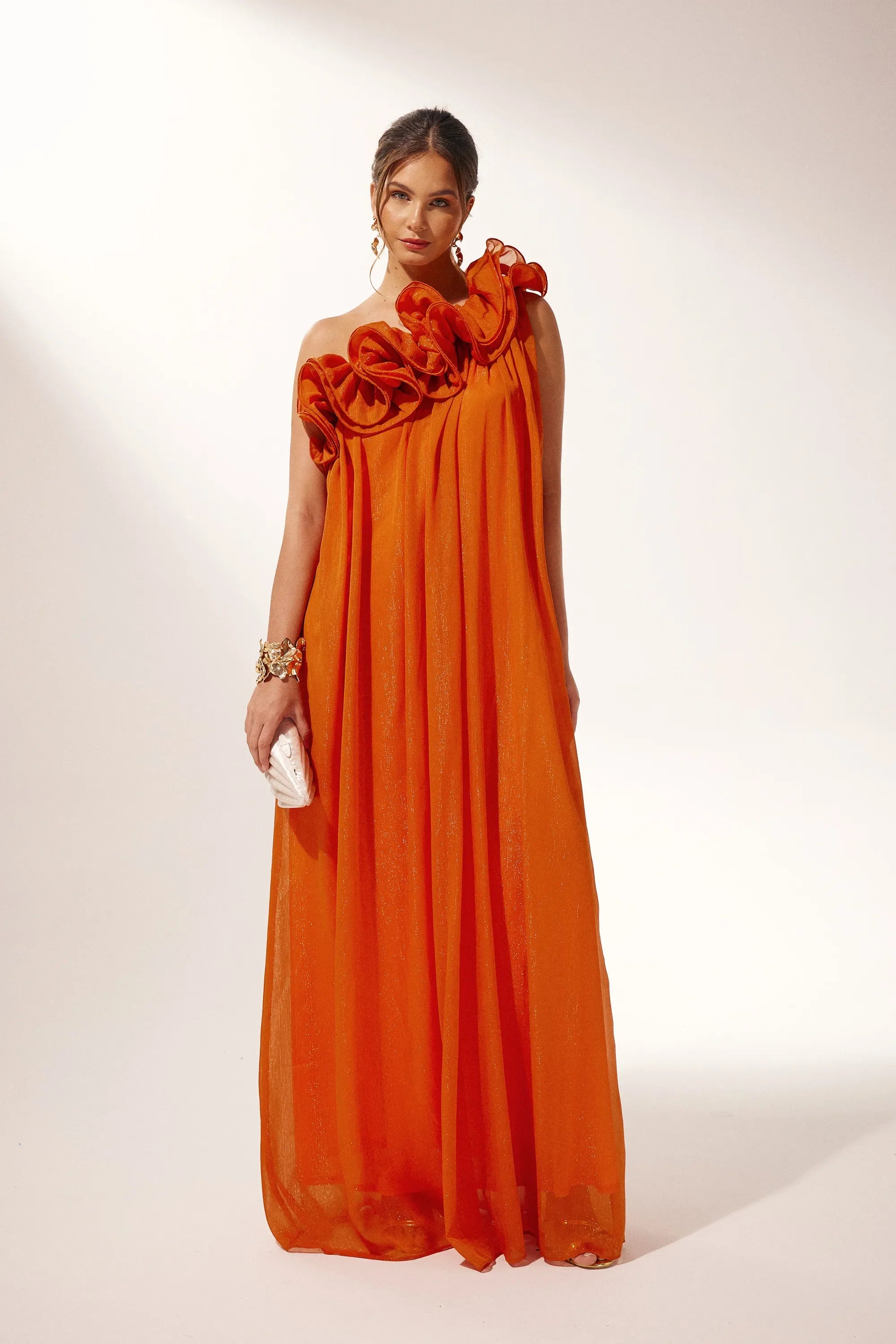 One-Shoulder Maxi Dress with Floral Shoulder Detail