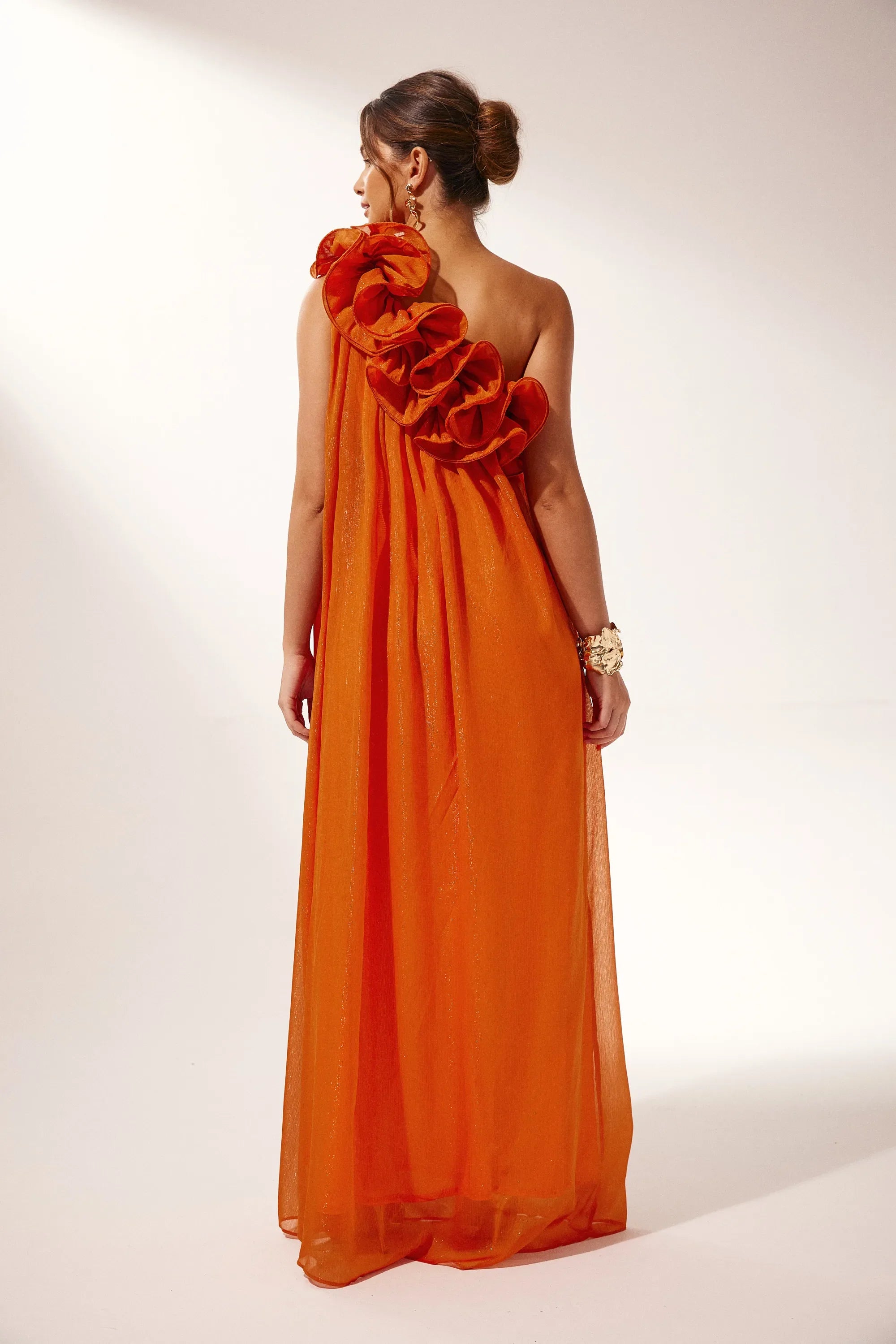 One-Shoulder Maxi Dress with Floral Shoulder Detail
