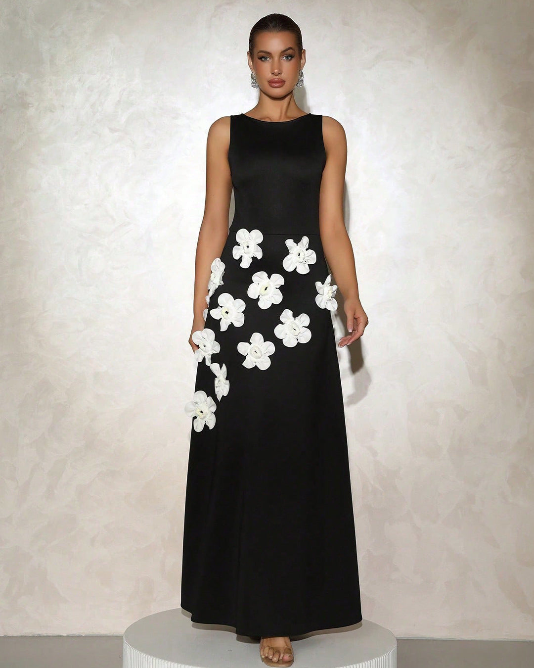 Sleeveless Maxi Dress with Three-Dimensional Floral Accents
