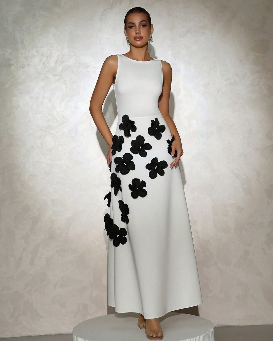 Sleeveless Maxi Dress with Three-Dimensional Floral Accents