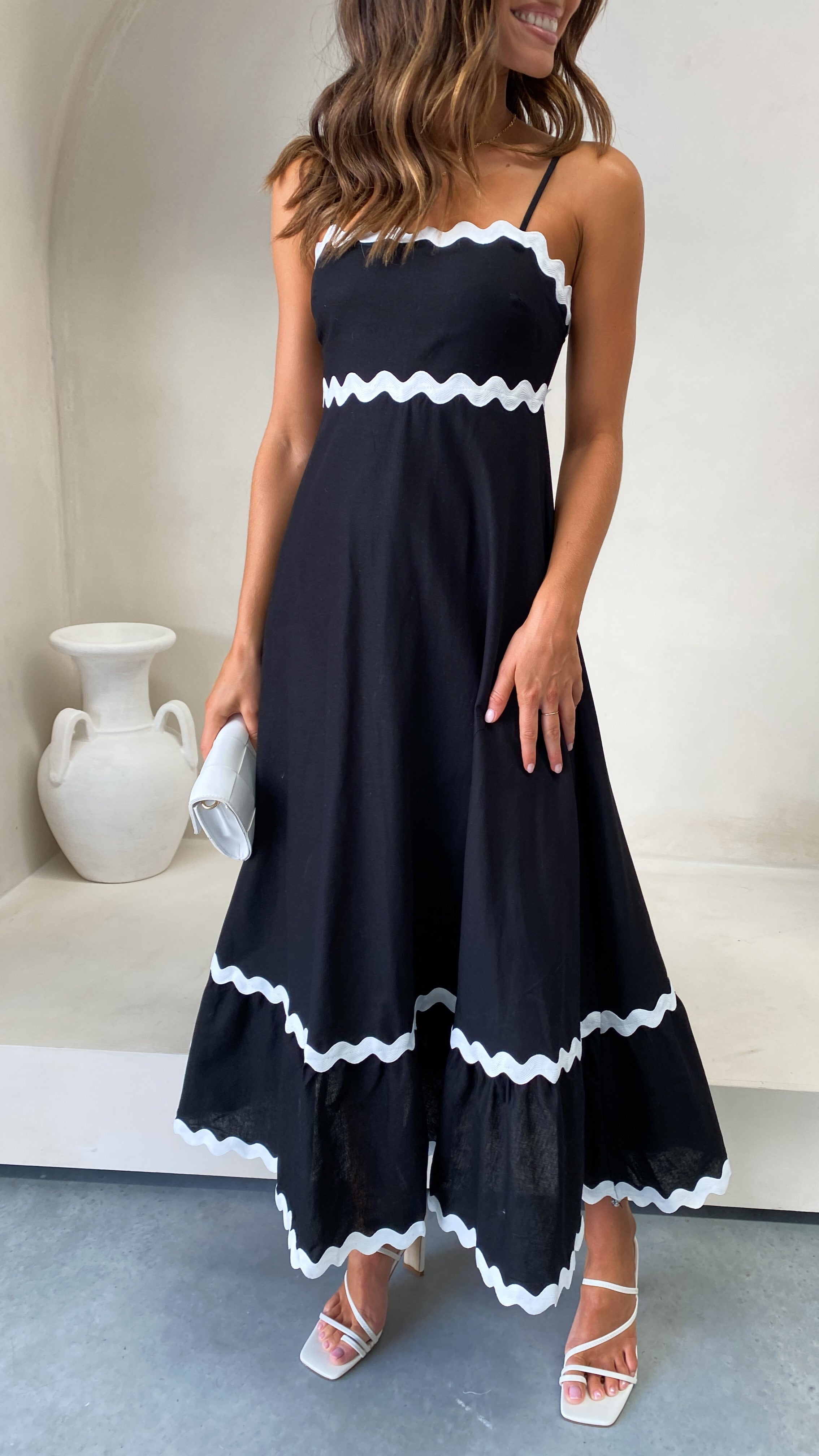 Black and White Midi Dress with Ric Rac Trim