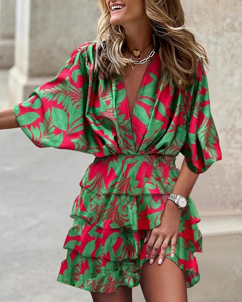Sarah | Women's Boho Printed Ruffle Mini Dress