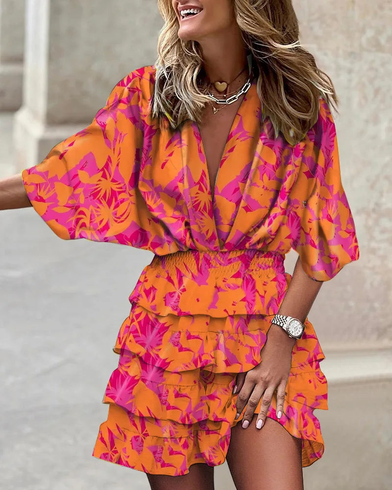 Sarah | Women's Boho Printed Ruffle Mini Dress