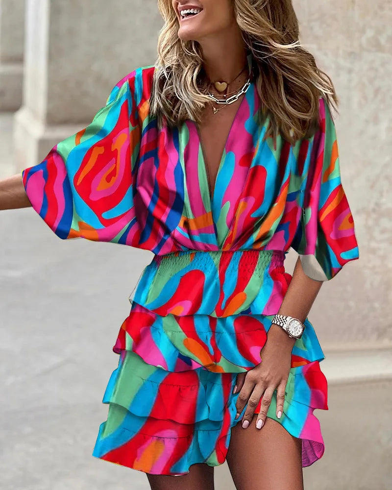 Sarah | Women's Boho Printed Ruffle Mini Dress
