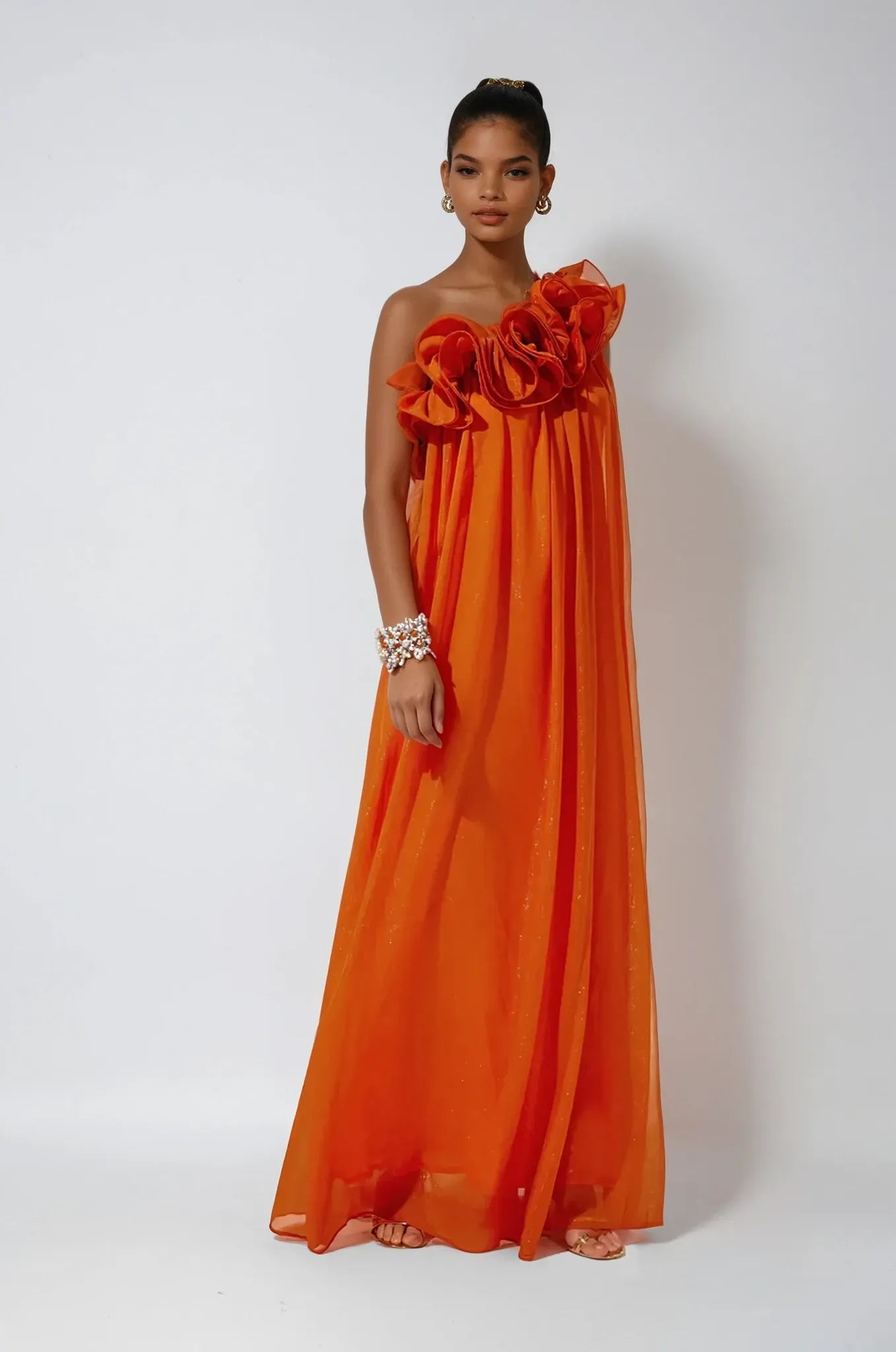 One-Shoulder Maxi Dress with Floral Shoulder Detail