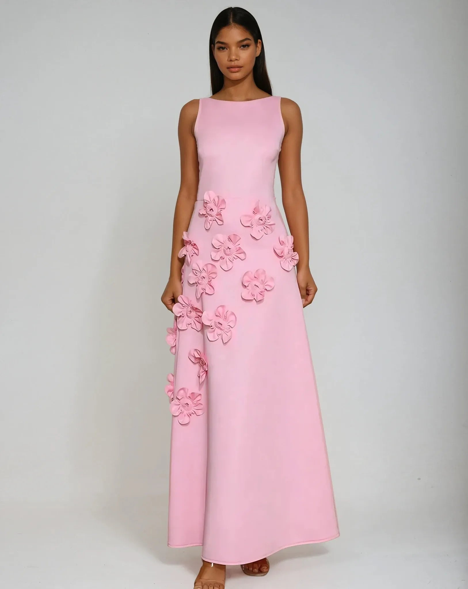 Sleeveless Maxi Dress with Three-Dimensional Floral Accents