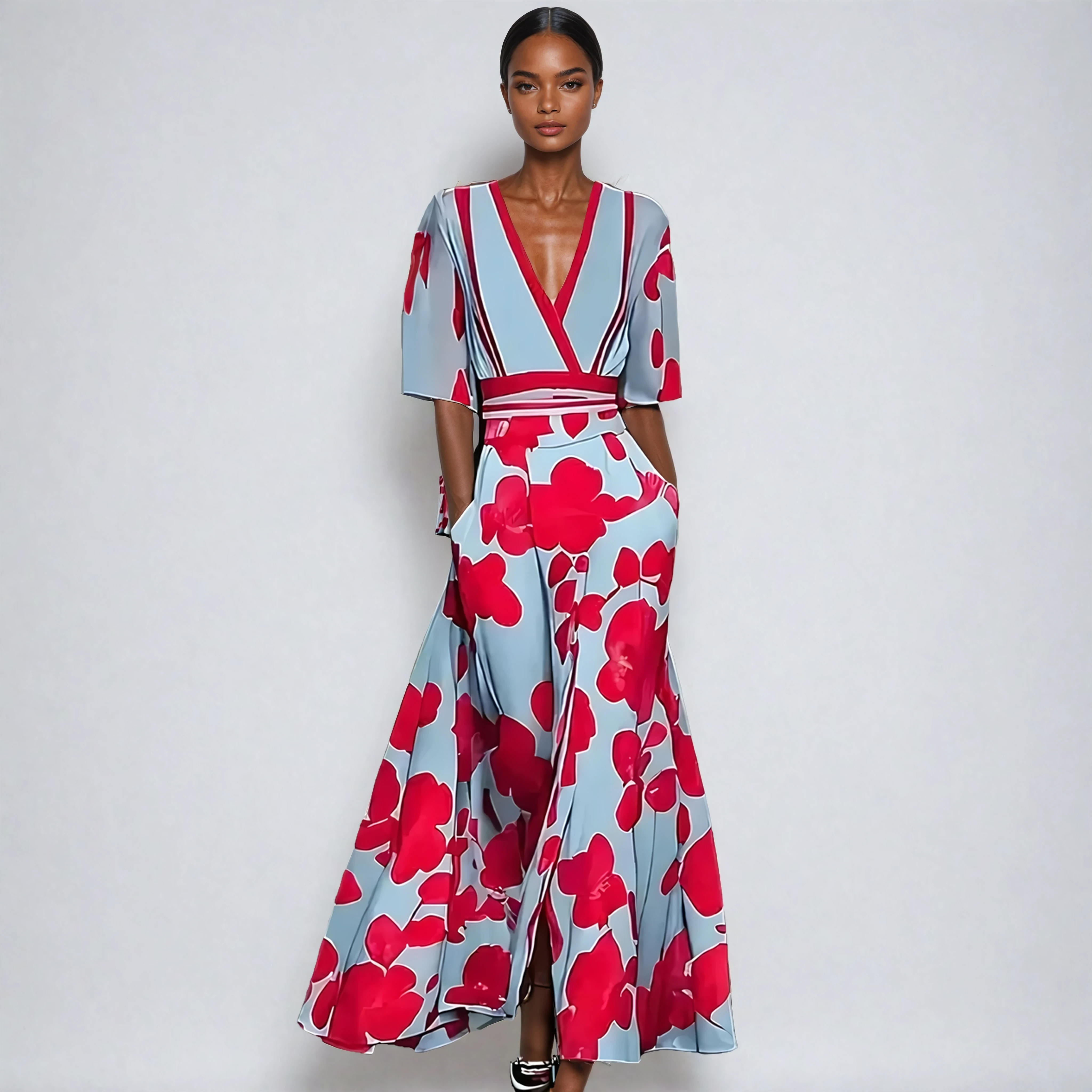 Floral Print Maxi Dress with V-Neckline