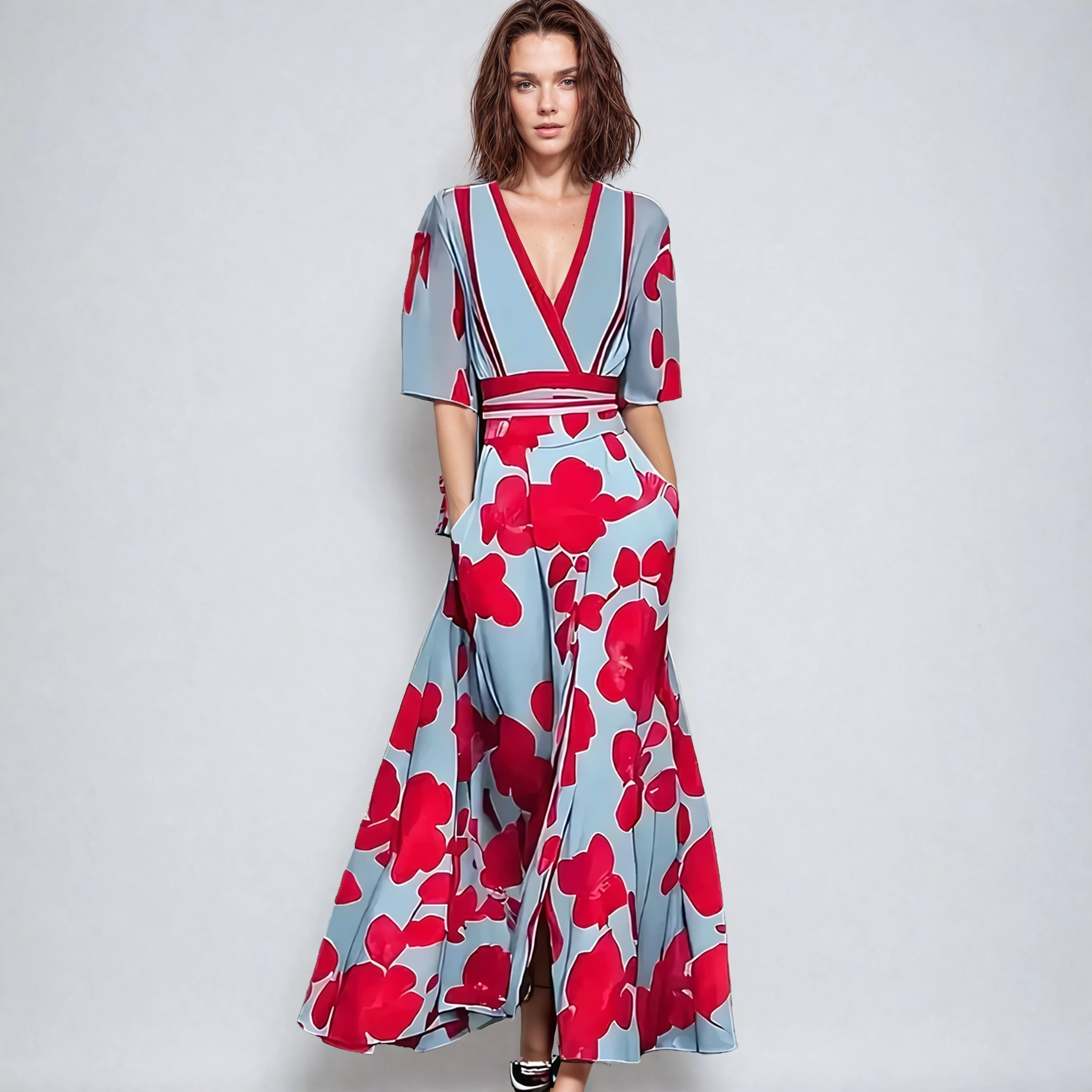 Floral Print Maxi Dress with V-Neckline